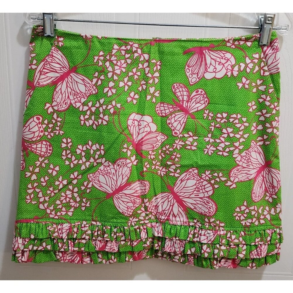 Lilly Pulitzer Women's Sz 2 Ruffle Mini Skirt Lined Pink Green Butterflies Print